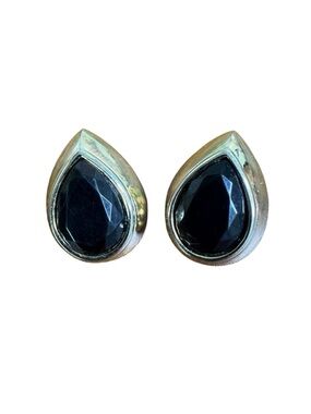 Vintage Black Teardrop Stone Earrings in Silver-Tone Setting